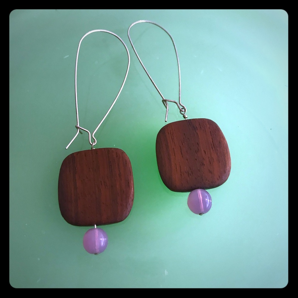 Wood & Pink Kidney Hook Earrings